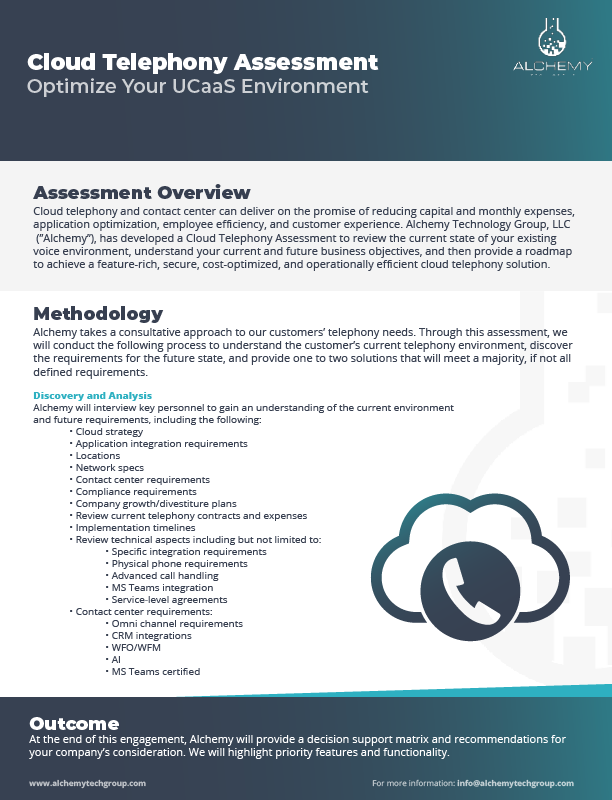 Promotional document detailing Alchemy Technology Group's Cloud Telephony Assessment service to optimize UCaaS environments.